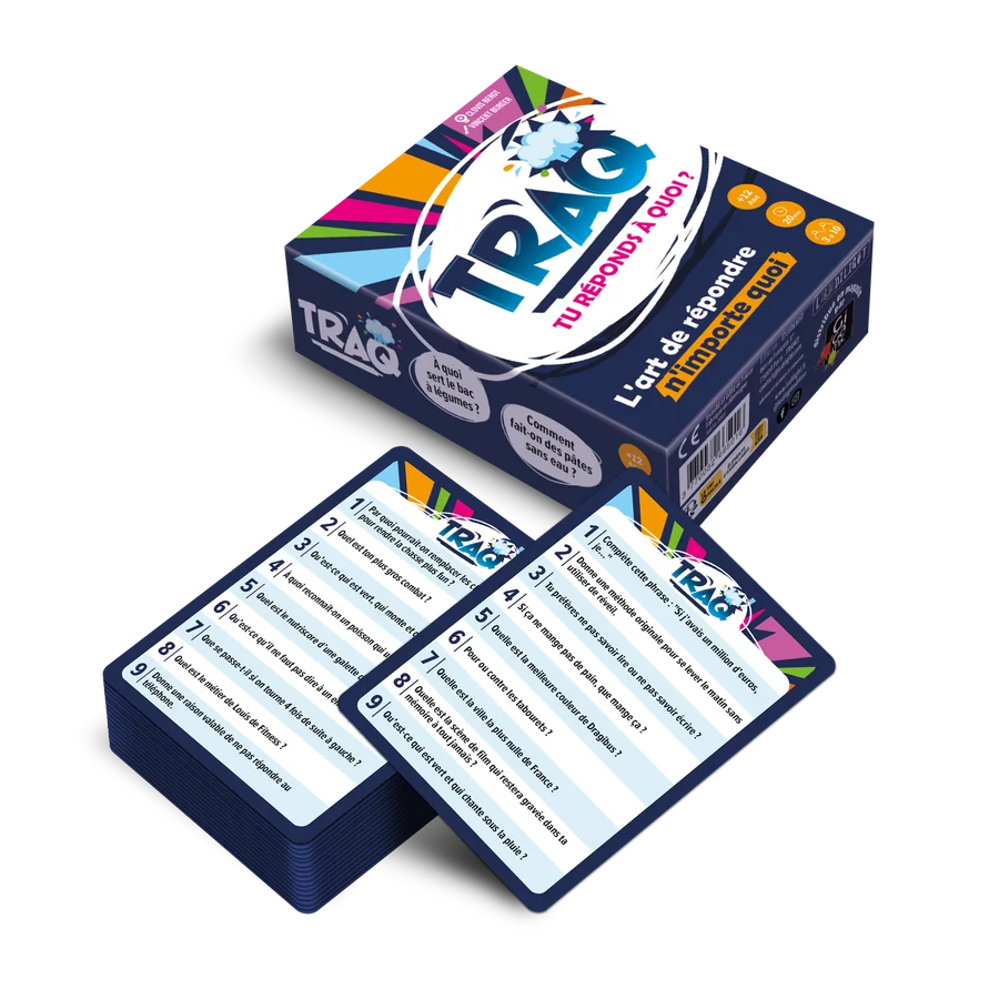La boîte de TRAQ avec deux cartes de questions