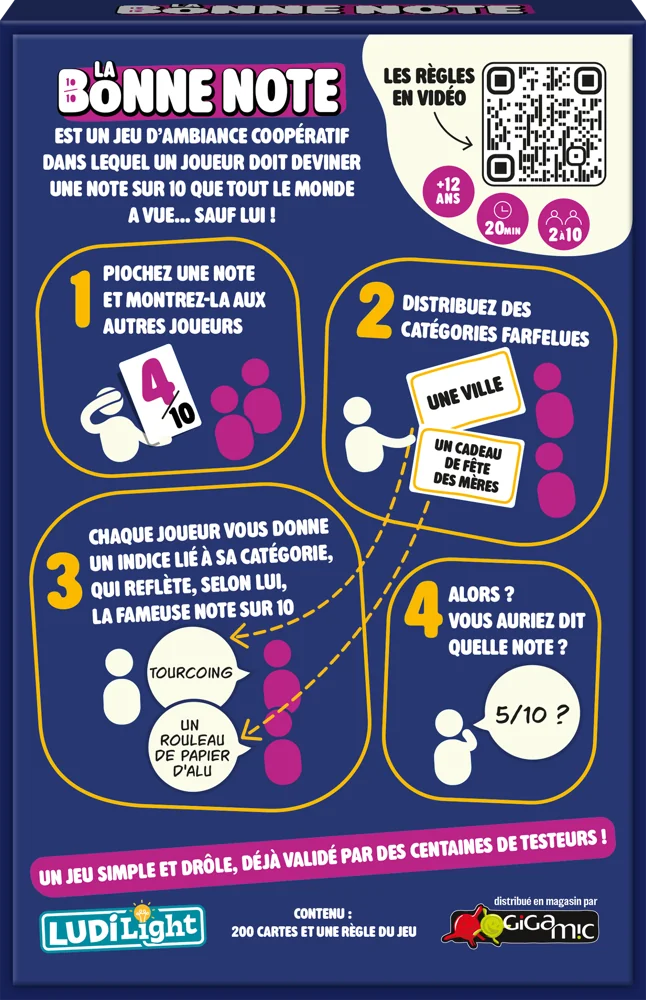 Le dos de la boîte La Bonne Note : les 4 étapes du jeu, avec les flèches qui relient chaque catégorie à son indice