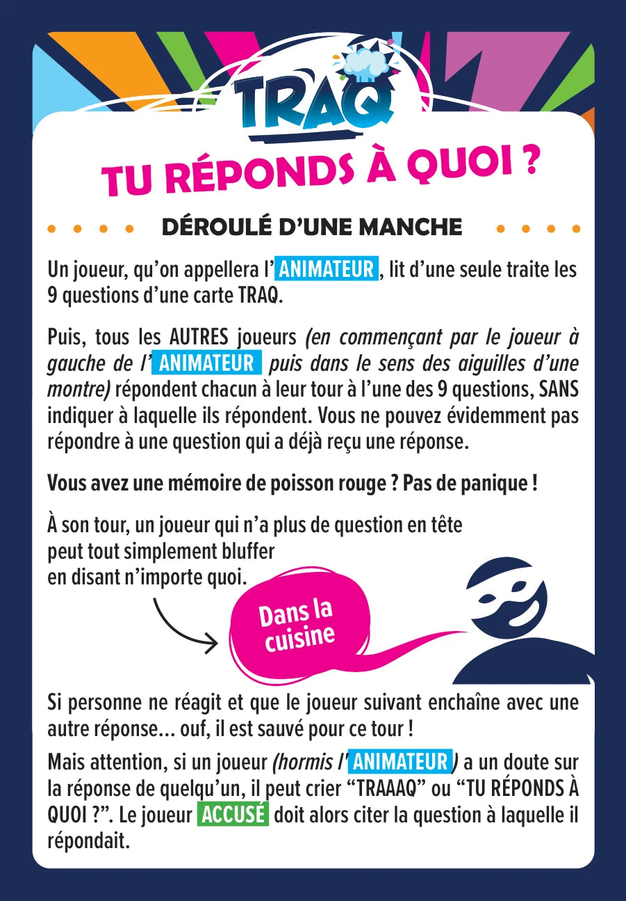 Carte règles du TRAQ, recto : déroulé d'une manche