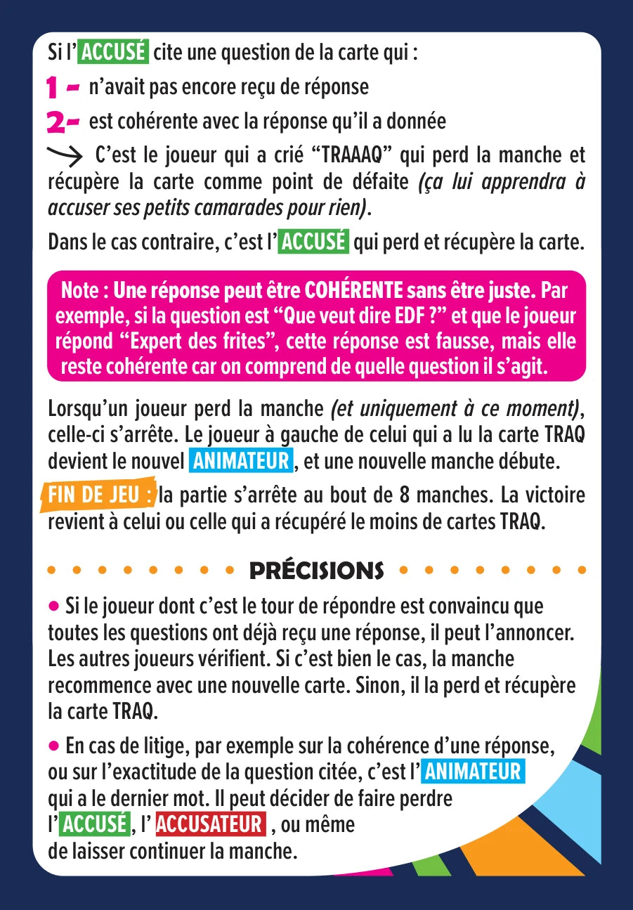 Carte règles du TRAQ, verso : fin de manche et précisions
