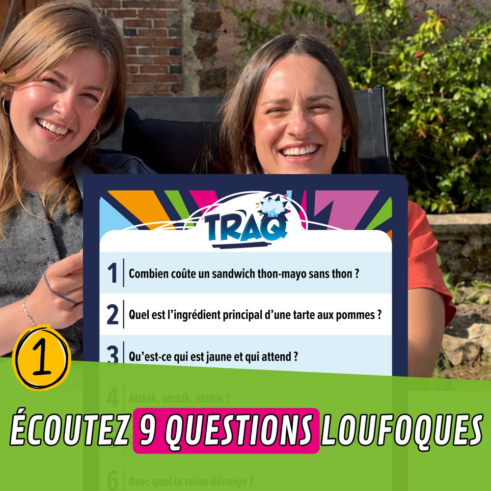 Deux joueuses rient devant une carte TRAQ : écoutez 9 questions loufoques