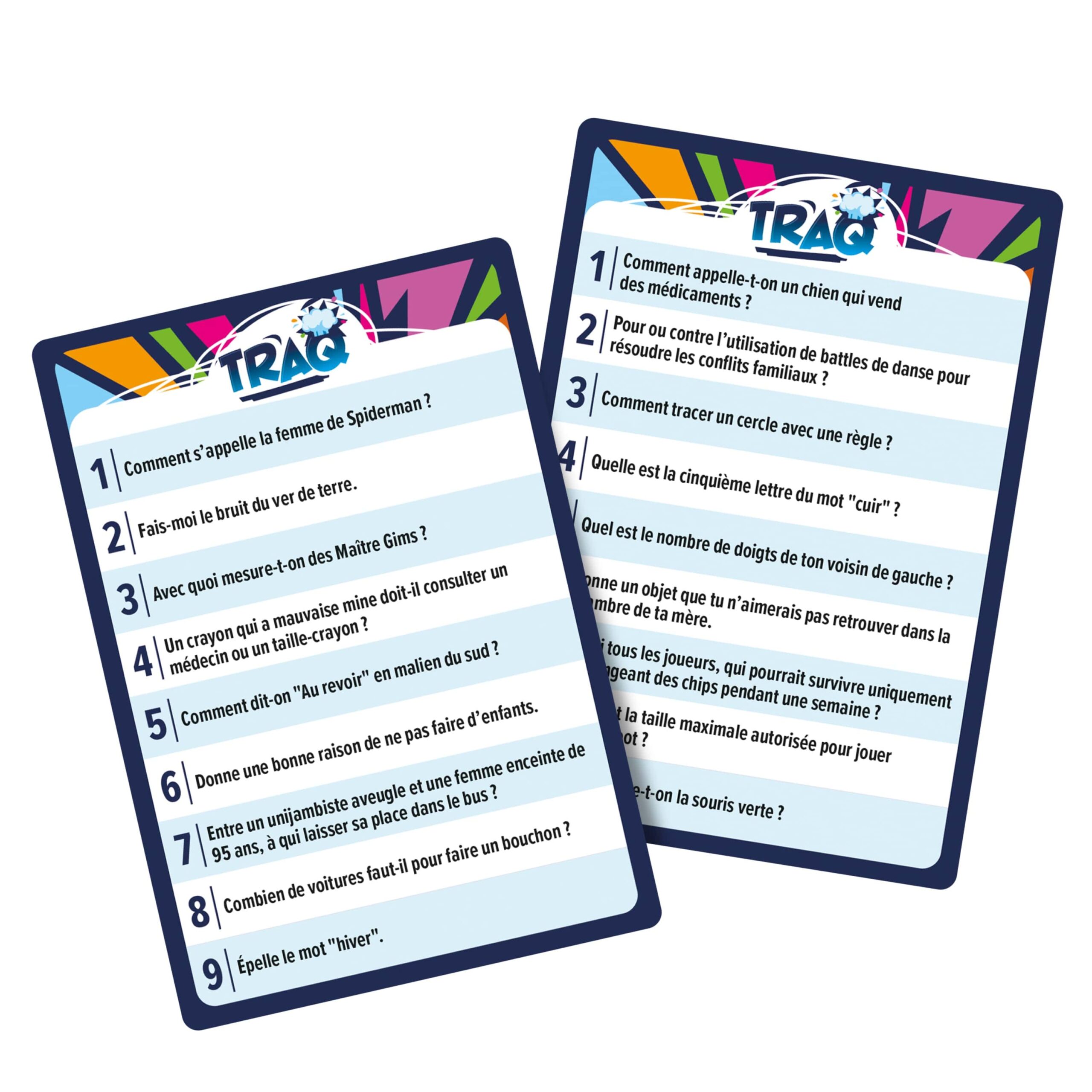 Deux cartes du jeu TRAQ posées en éventail, affichant 18 questions loufoques et décalées.